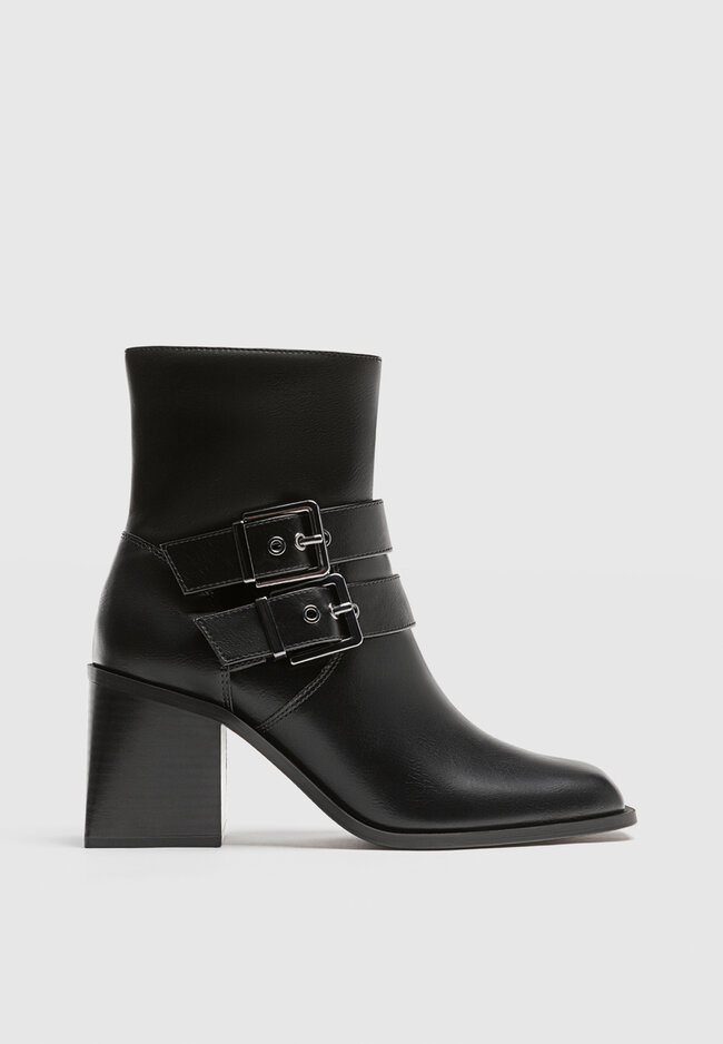 Black high heel ankle boots with buckles Women s fashion