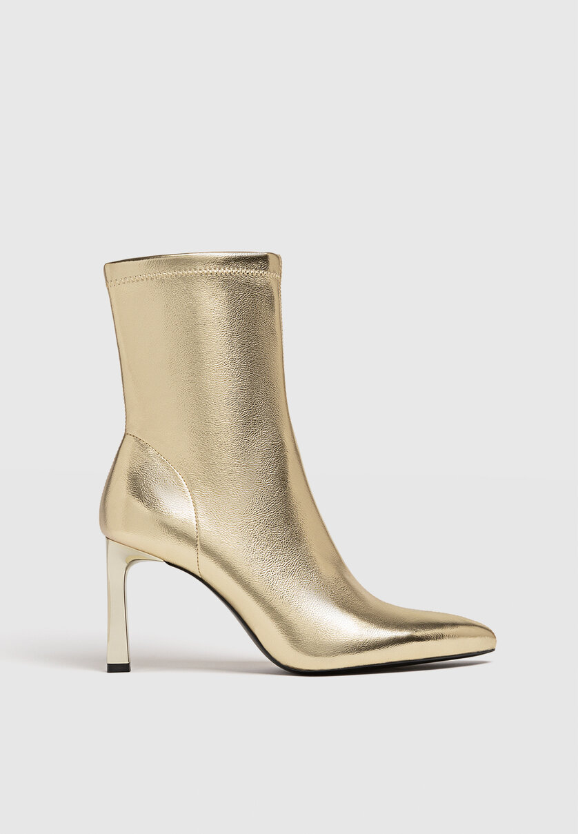 Stretch high-heel gold ankle boots
