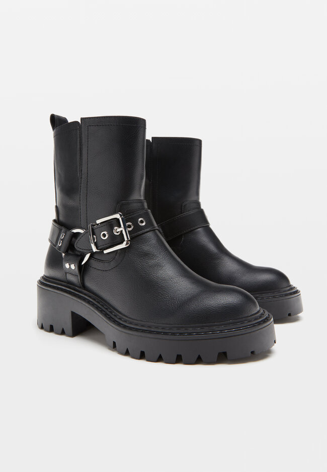 Black flat biker shop ankle boots