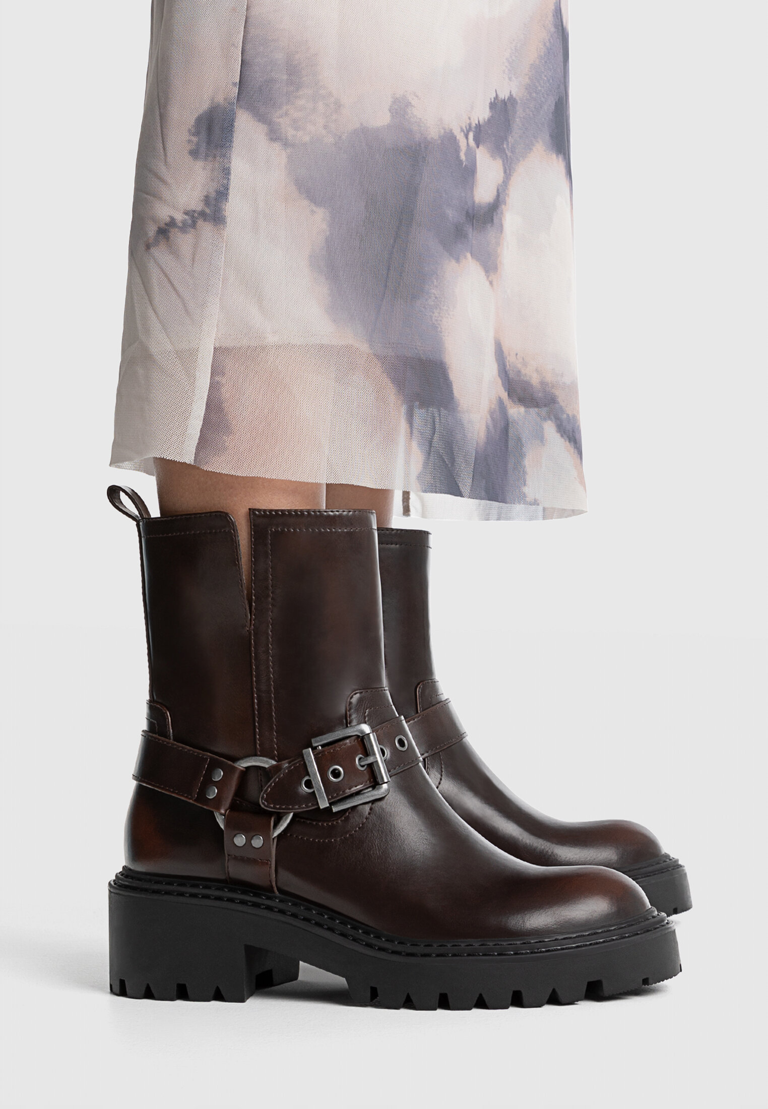 Flat biker ankle boots with buckle details Women s fashion