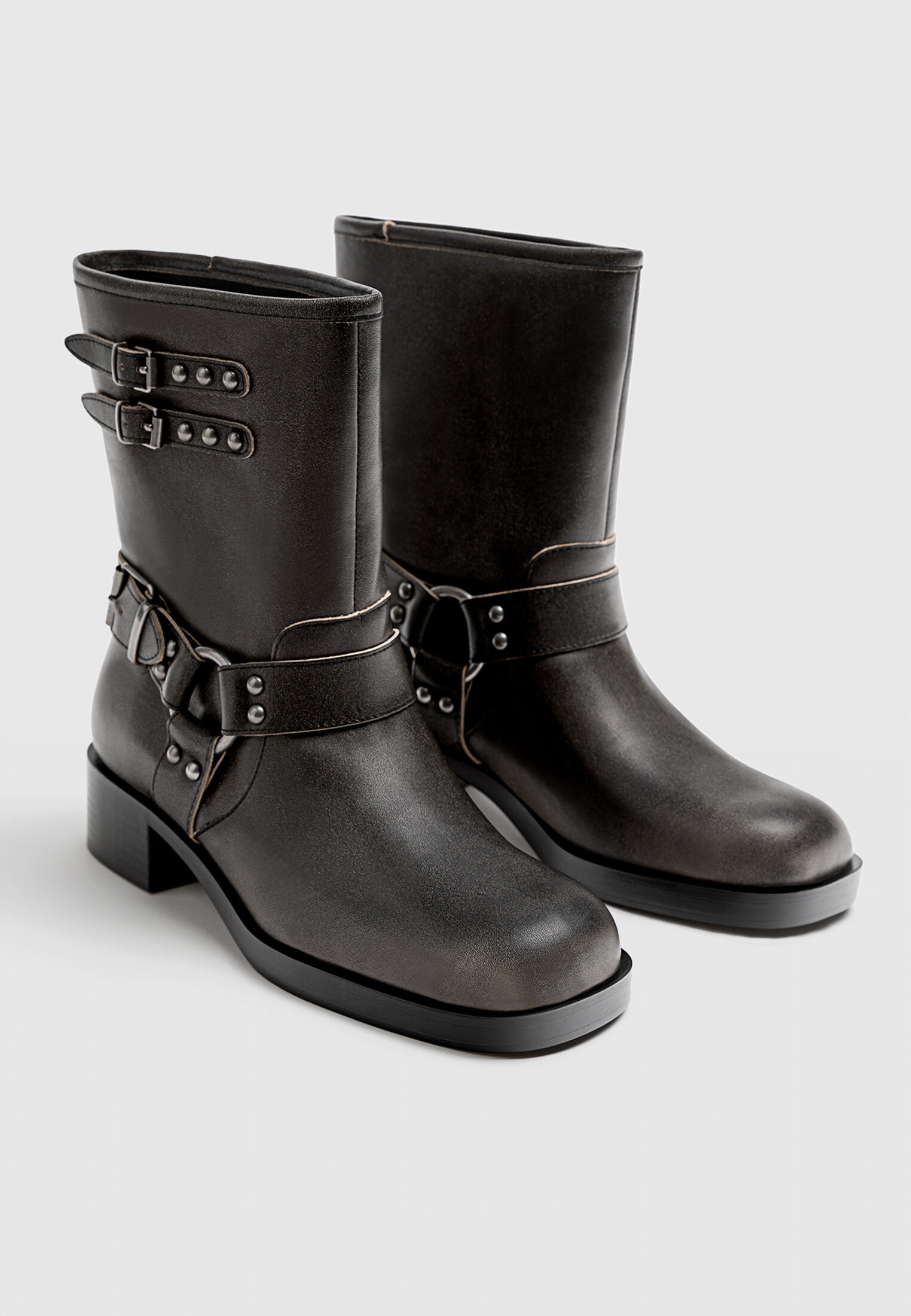 Flat distressed ankle boots with buckle details Women s fashion