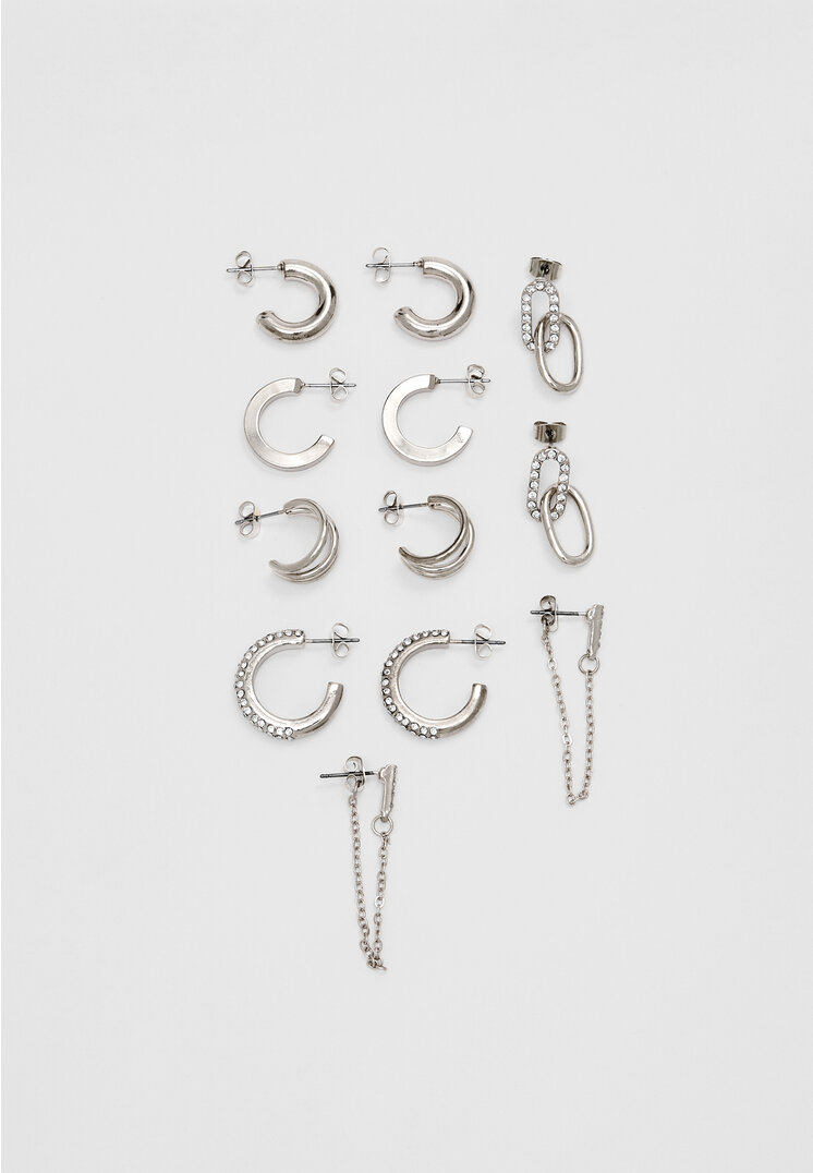 Stradivarius Set De 6 Perechi De Cercei Rotunzi Și Cu Strasuri Gri Os