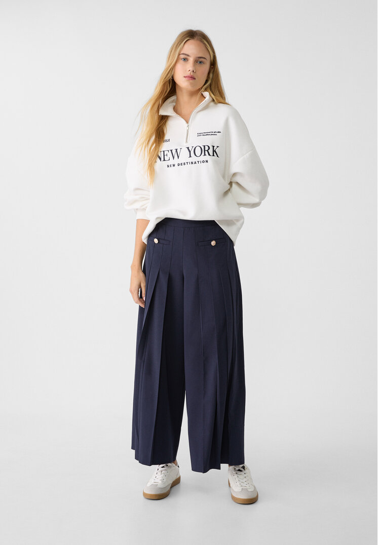 Stradivarius Pantaloni Fluizi Plisați Albastru Închis L