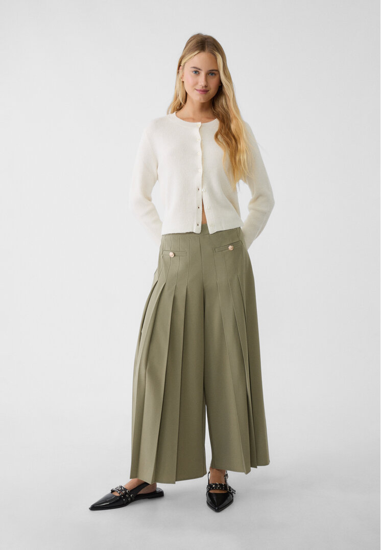 Stradivarius Pantaloni Fluizi Plisați Kaki L
