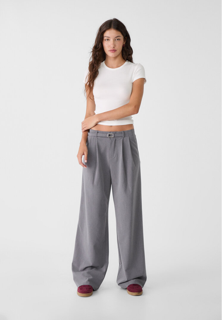 Stradivarius Pantaloni Eleganți Largi Cu Cataramă Gri Închis 42