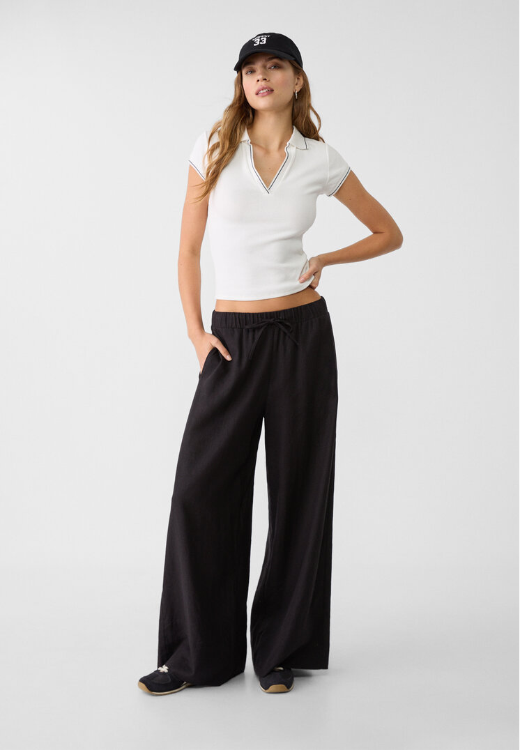 Stradivarius Pantaloni Largi Cu Betelie Elastică Și In Negru L