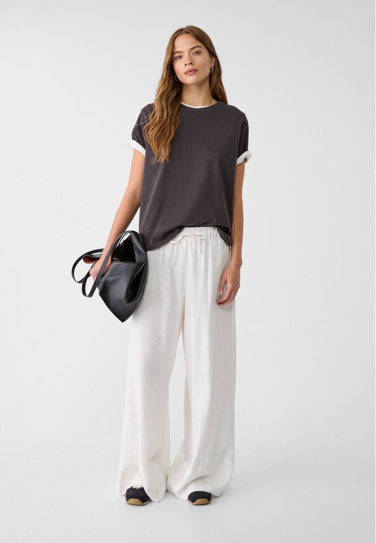 Stradivarius Pantaloni Largi Cu Betelie Elastică Și In Ecru M