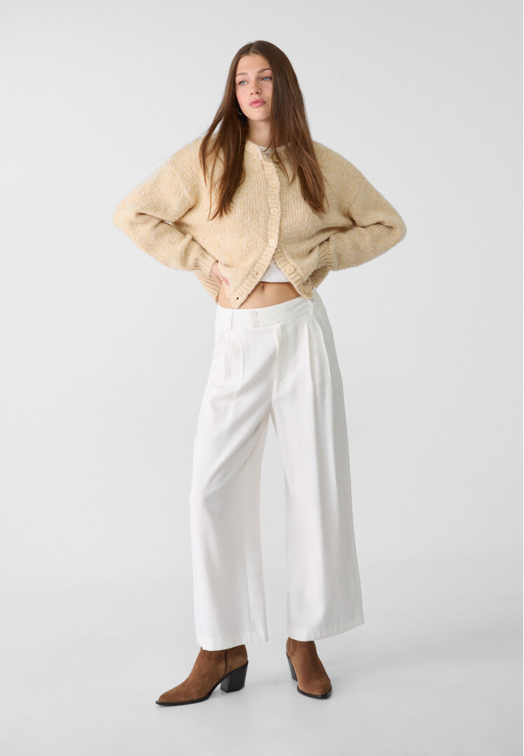 Stradivarius Pantaloni Culotte Cu Pliuri Ecru 42
