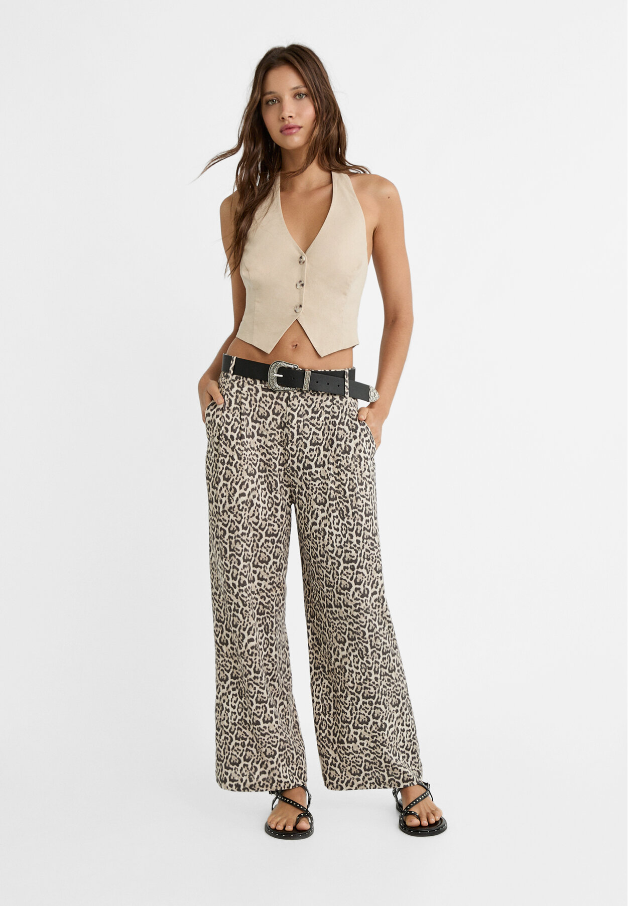 Pantalón culotte con lino leopardo