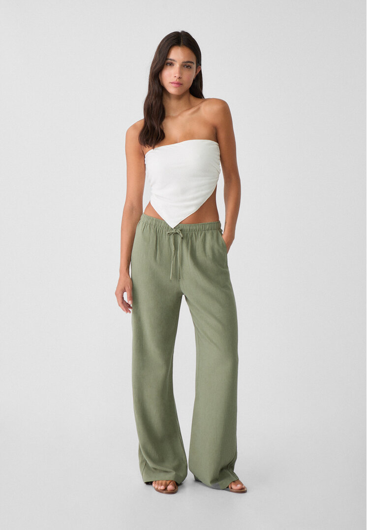 Stradivarius Pantaloni Lungi Vaporoși Cu In Kaki Xl