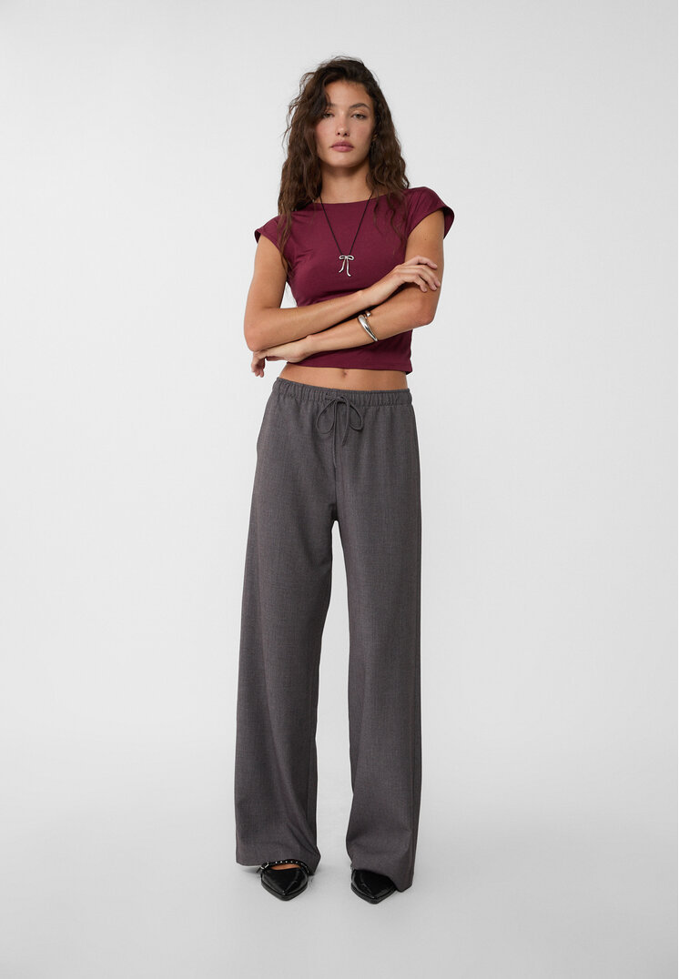 Stradivarius Pantaloni Lungi Eleganți Fluizi Gri Închis Xl