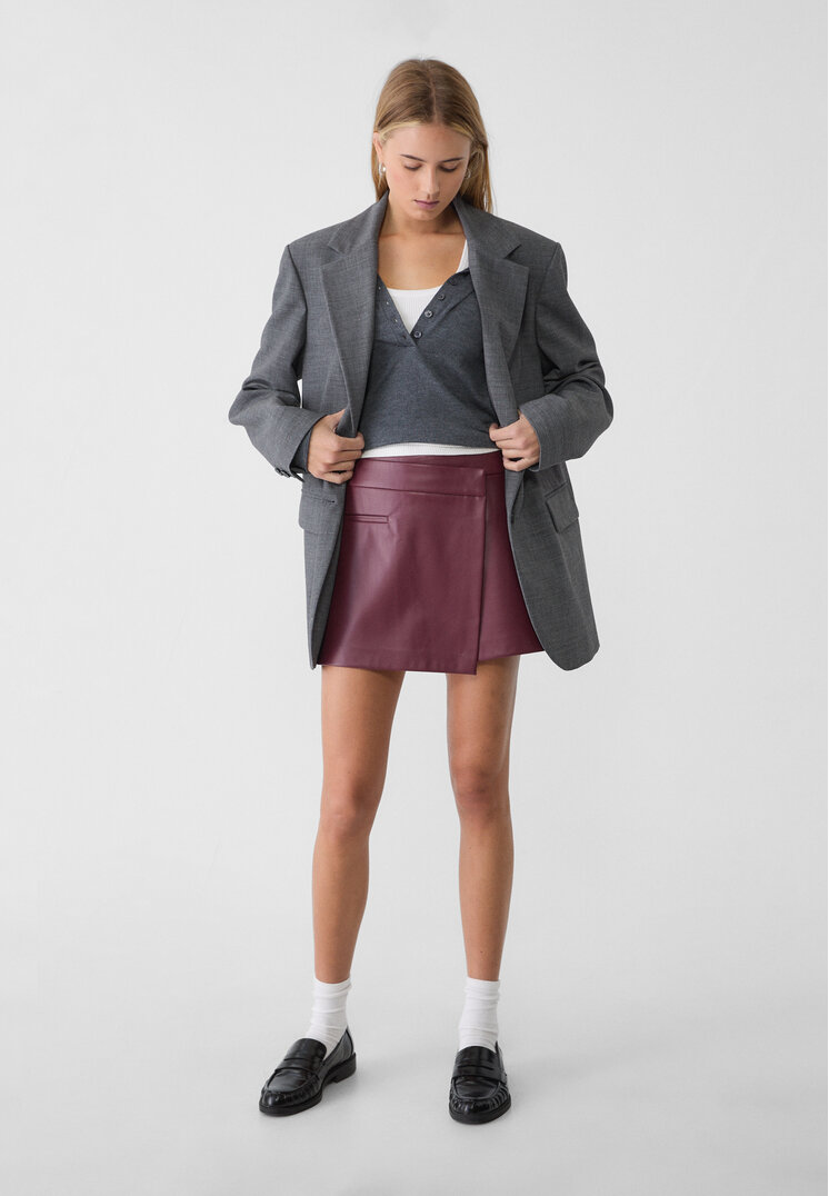 Stradivarius Leather effect crossover skort  Burgundy M