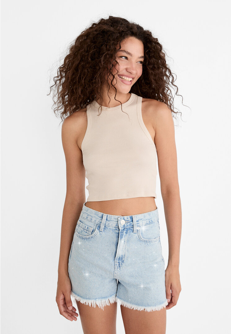 Stradivarius Pantaloni Scurți Din Denim Cu Accente Strălucitoare Denim Albastru 40