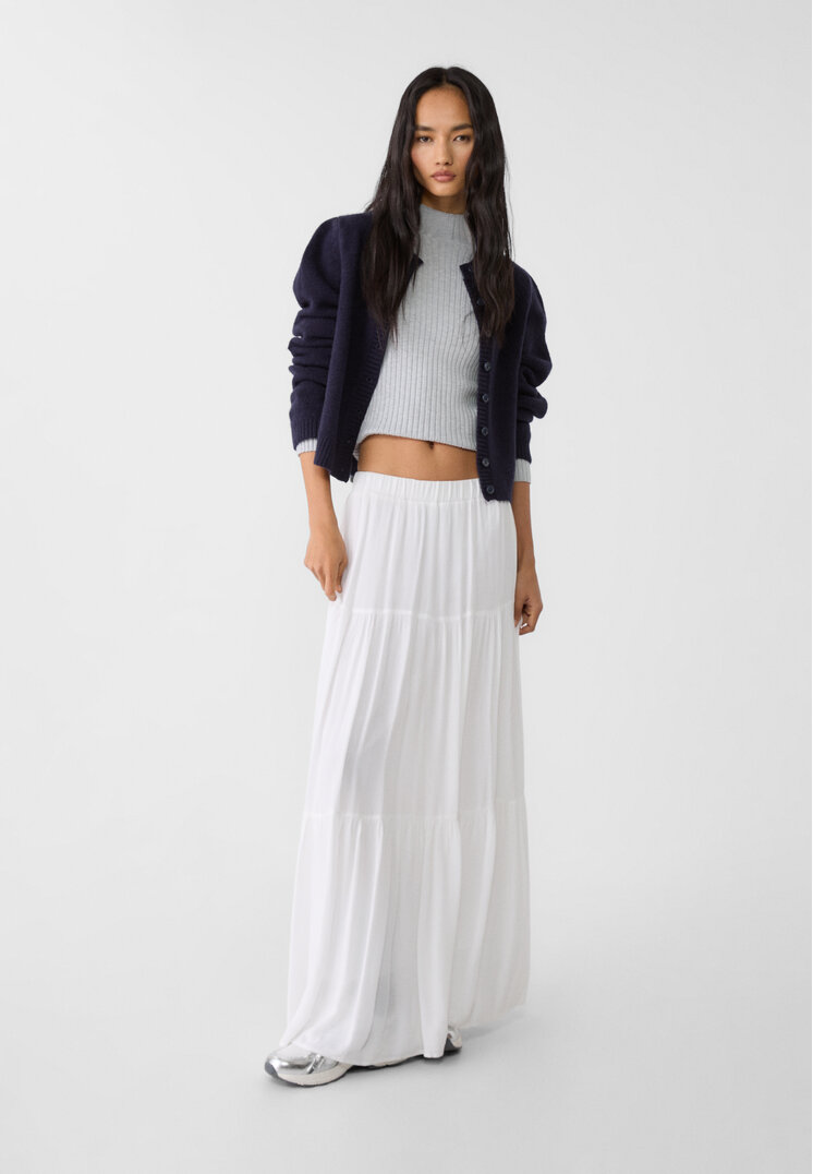 Stradivarius Fustă Midi Boho Alb M