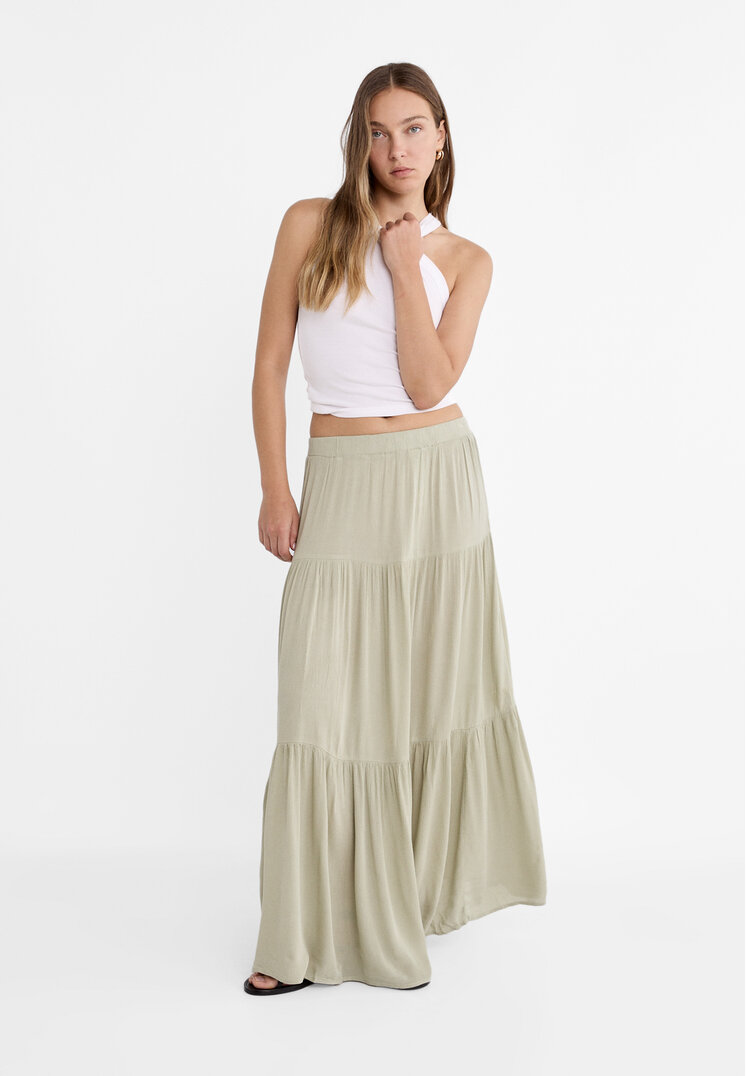 Stradivarius Fustă Midi Boho Kaki Xs