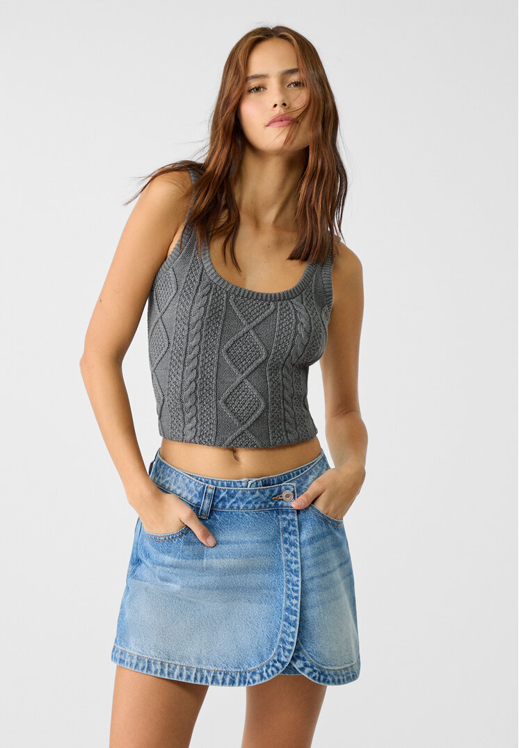 

Stradivarius Denimowe kopertowe spódnicospodenki Niebieski denim 42