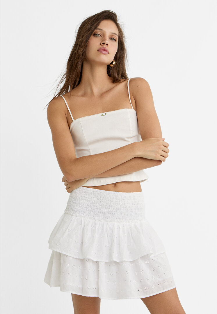 Stradivarius Fustă Mini Cu Volane Și Broderie Alb Xs