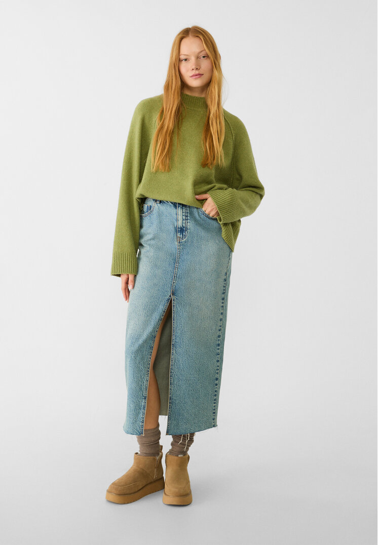 Stradivarius Fustă Lungă Din Denim Comfort Denim Vopsit 44