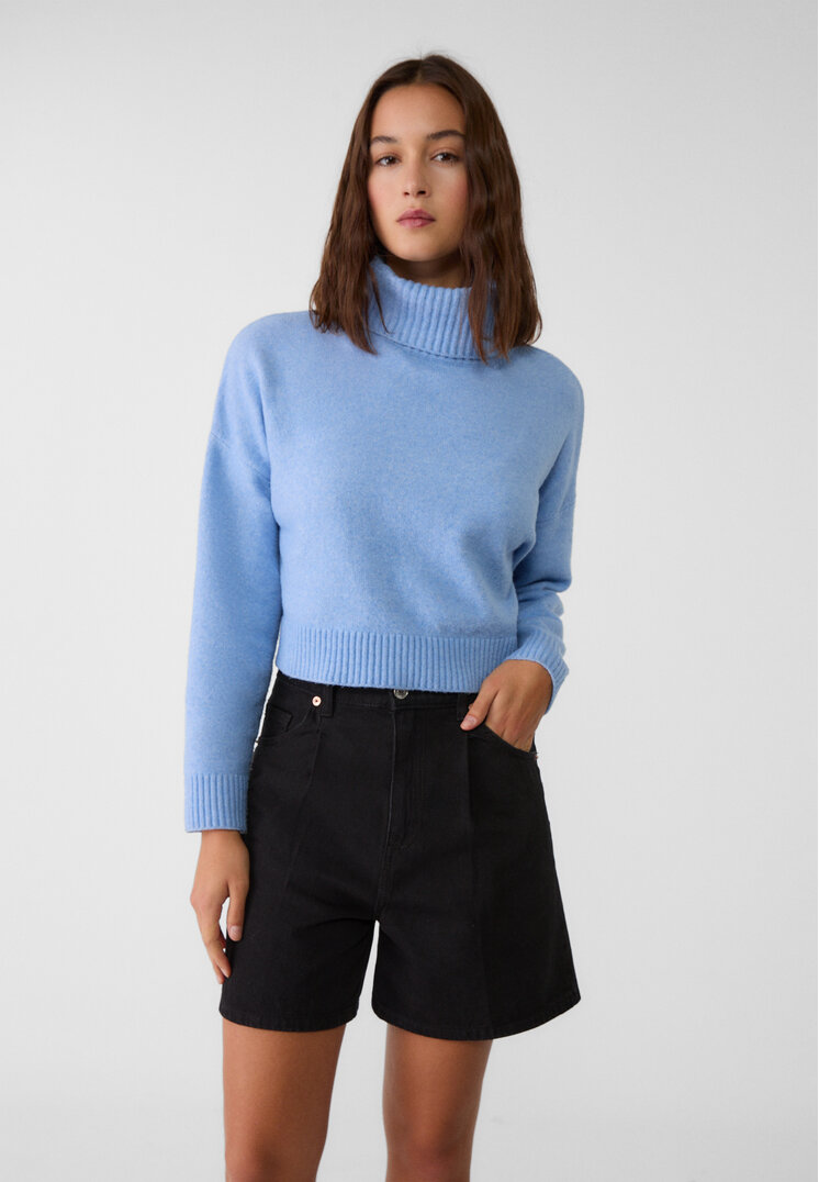 Stradivarius Pantaloni Scurți Tip Jort Cu Pliuri Denim Negru 38