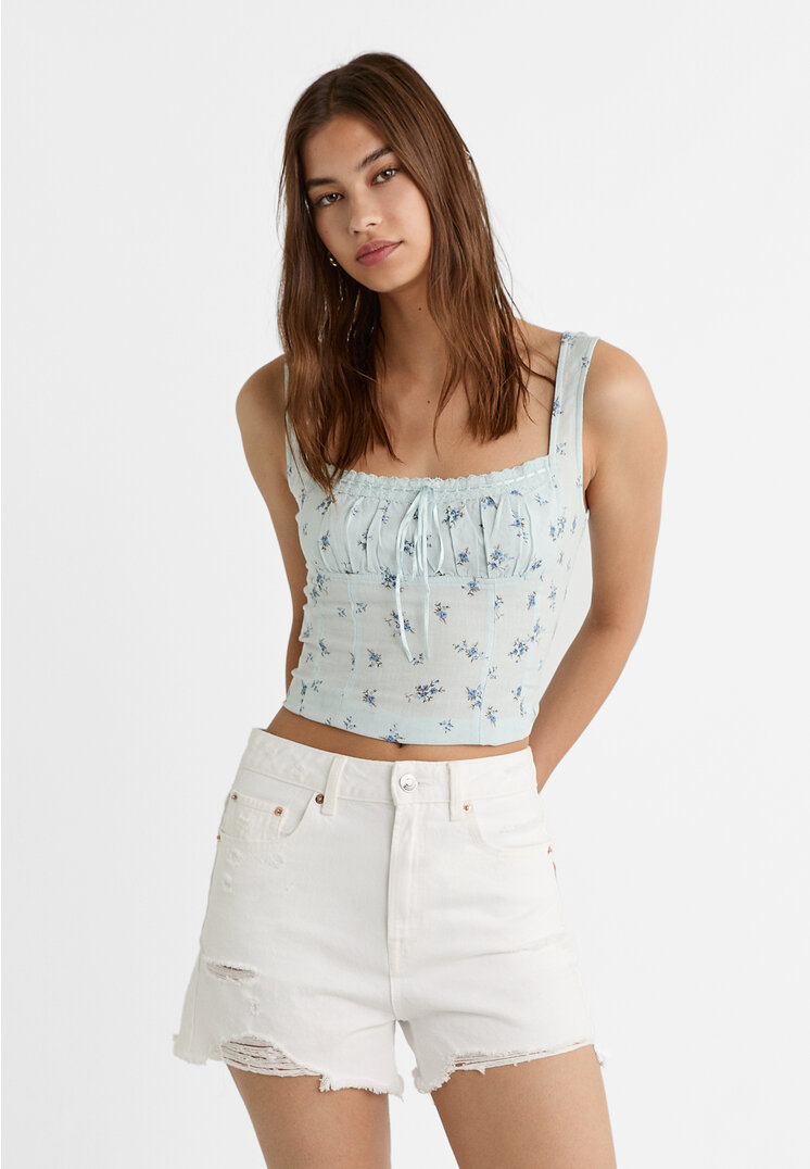 Stradivarius D75 Pantaloni Scurți Din Denim Cu Rupturi Alb 38