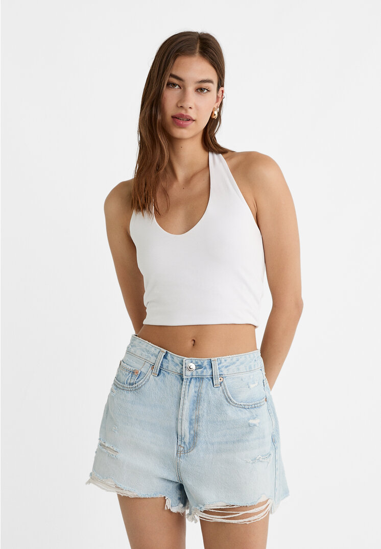 Stradivarius D75 Pantaloni Scurți Din Denim Cu Rupturi Denim Albastru 38