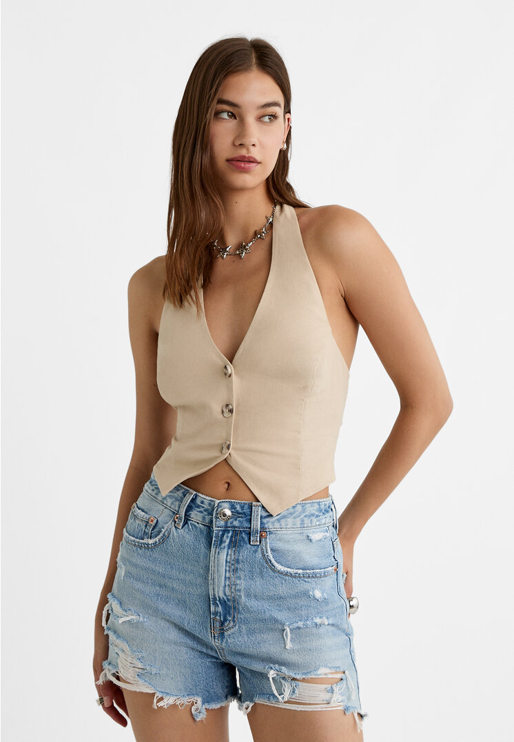 Stradivarius D75 Pantaloni Scurți Din Denim Cu Rupturi Denim Albastru 38