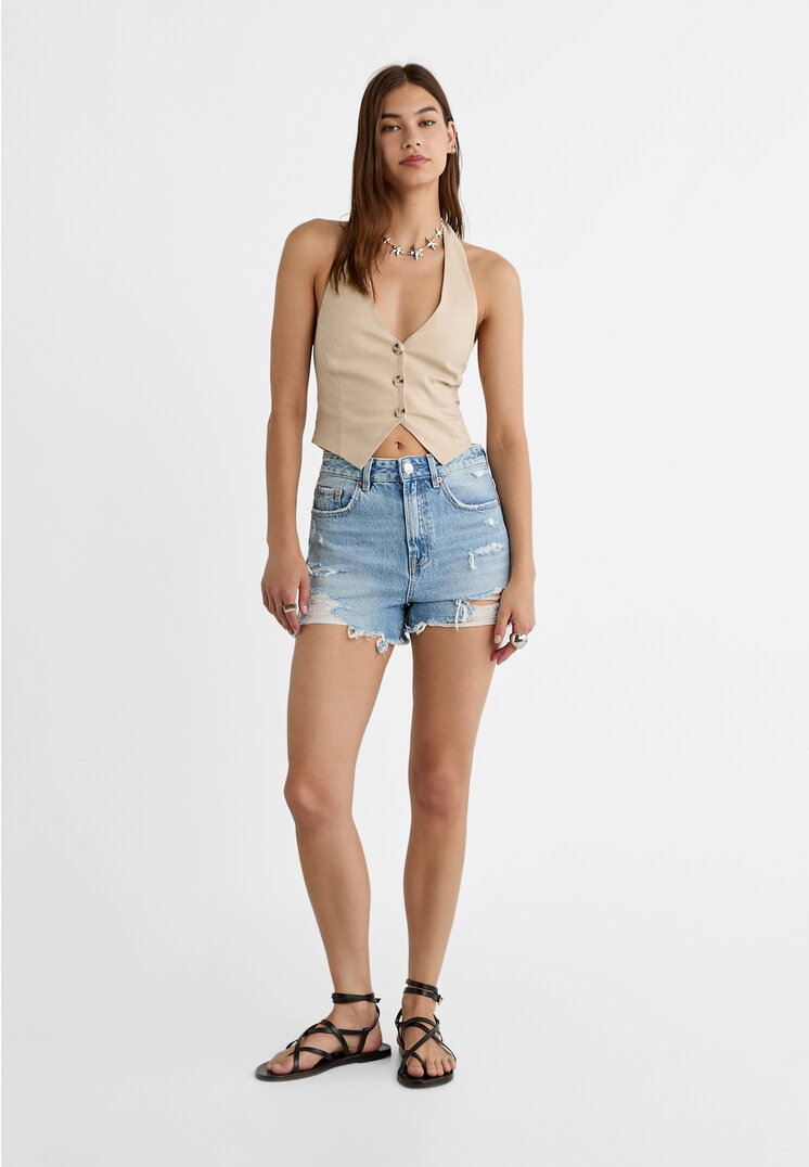 Stradivarius D75 Ripped denim shorts  Blue denim 4