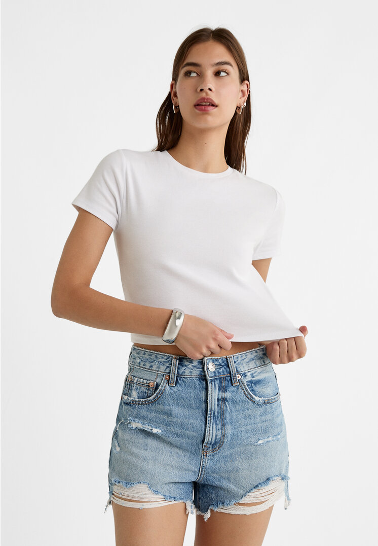 Stradivarius D75 Pantaloni Scurți Din Denim Cu Rupturi Denim Albastru 32