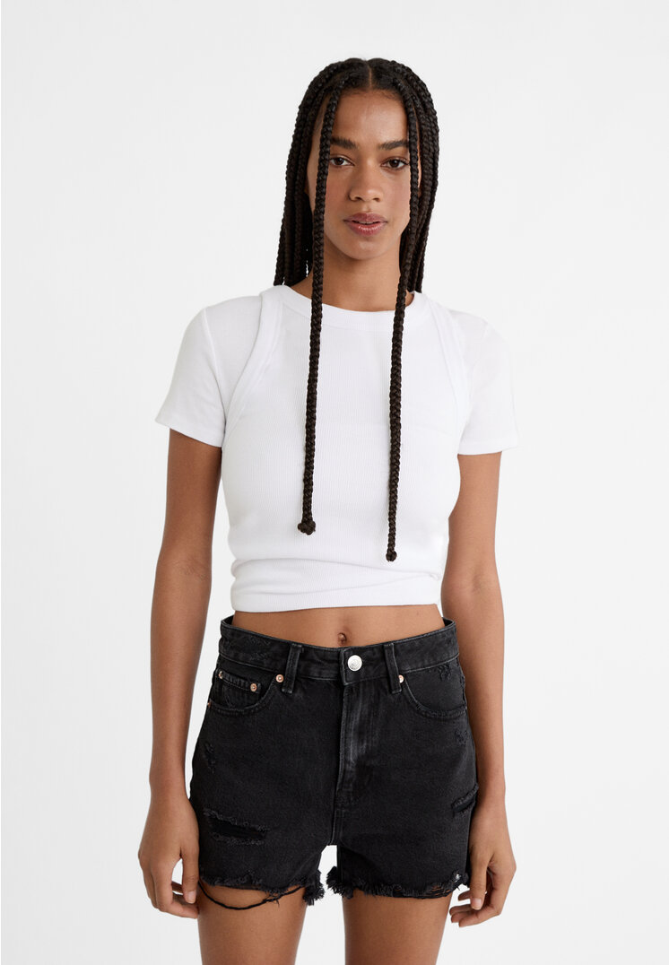 Stradivarius D75 Pantaloni Scurți Din Denim Cu Rupturi Denim Negru Prespălat 32