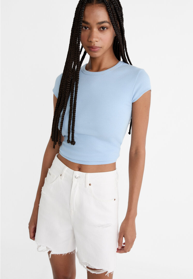 Stradivarius D93 Pantaloni Scurți Longline Din Denim Alb 36