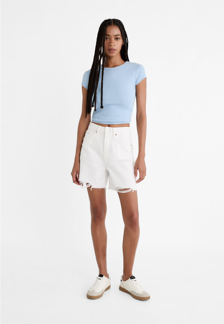 Stradivarius D93 Longline denim shorts  White 10