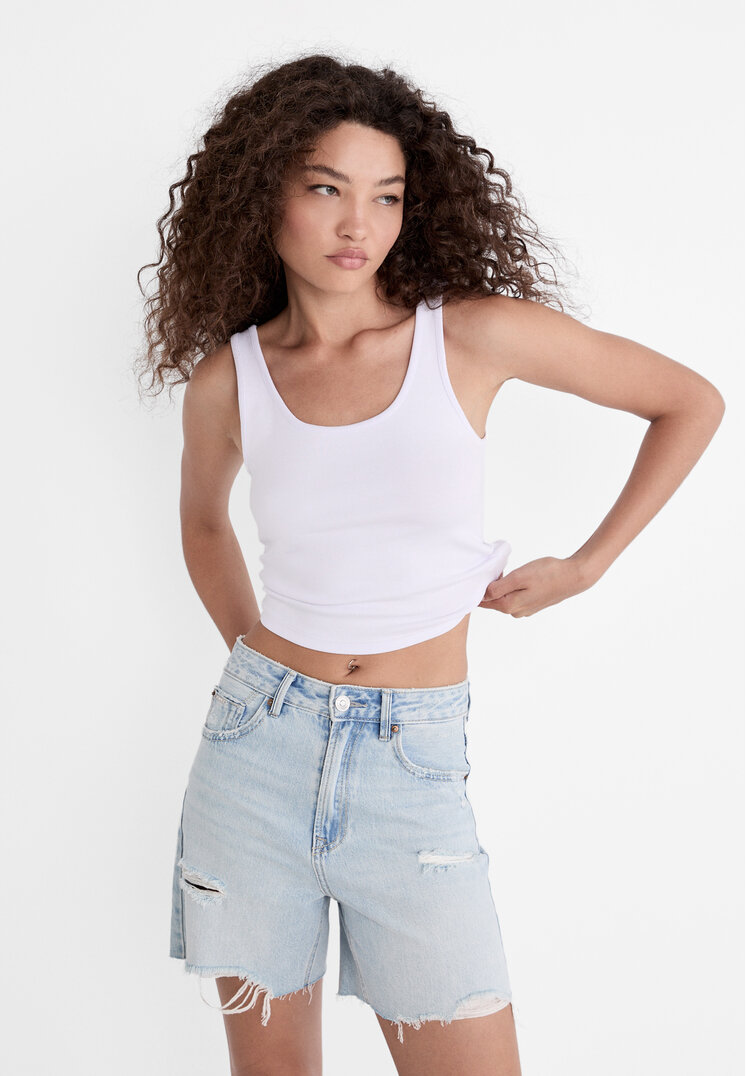 Stradivarius D93 Pantaloni Scurți Longline Din Denim Denim Albastru 38
