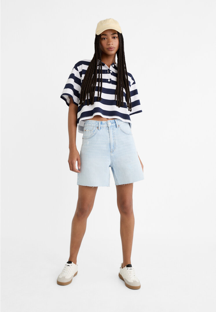 Stradivarius D93 Longline denim shorts  Medium light blue Denim 4