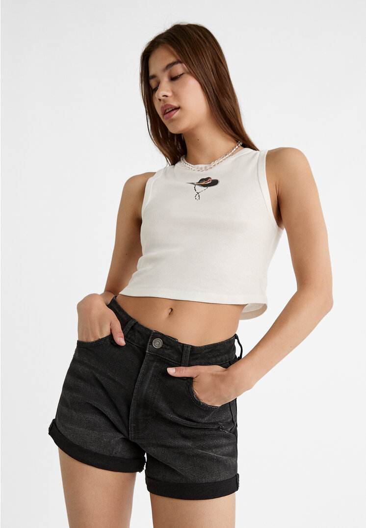 Stradivarius D85 Pantaloni Scurți Mom Fit Slim Denim Negru 32