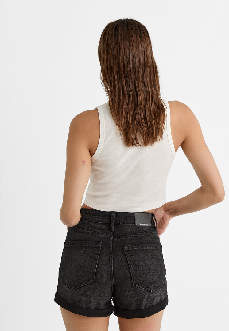 Stradivarius D85 Slim mom fit shorts  Black denim 8