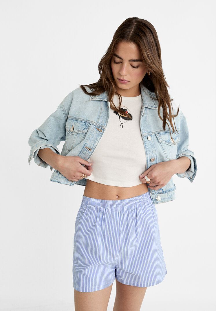 Stradivarius Pantaloni Scurți Boxeri Din Poplin Cu Betelie Elastică Și Dungi Azuriu Xs