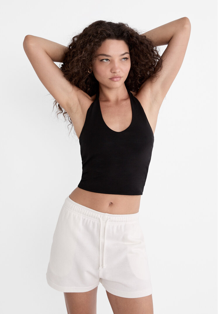 Stradivarius Pantaloni Scurți Flaușați Cu Șnururi Ecru S