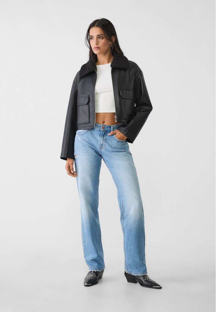 Stradivarius Blugi Straight Fit Low Denim Albastru 44