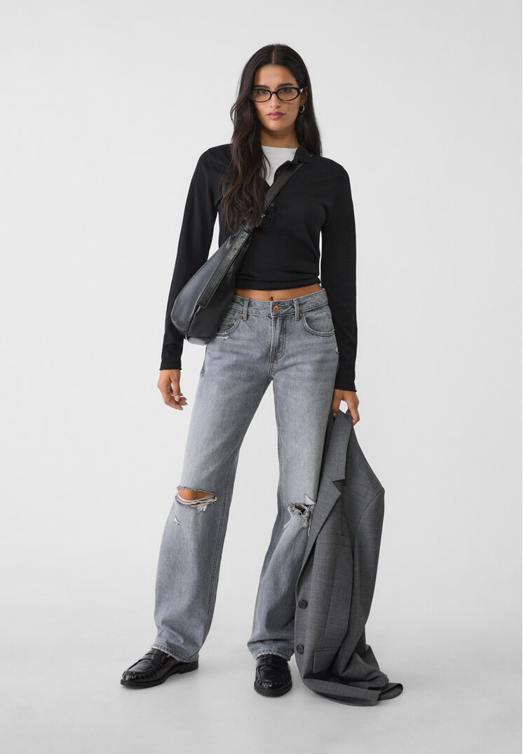 Stradivarius Blugi Straight Fit Low Denim Negru 34