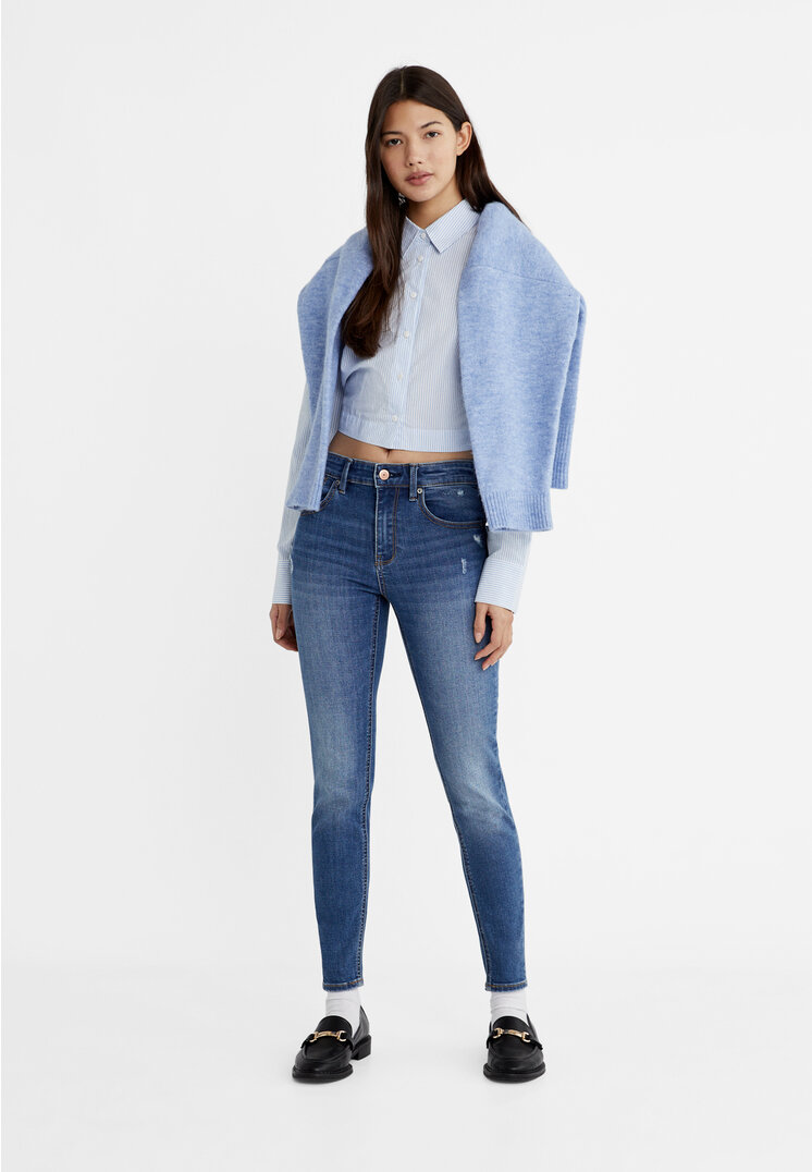 Stradivarius 1420 Blugi Skinny Cu Talie Joasă Denim Albastru Închis Mediu 42