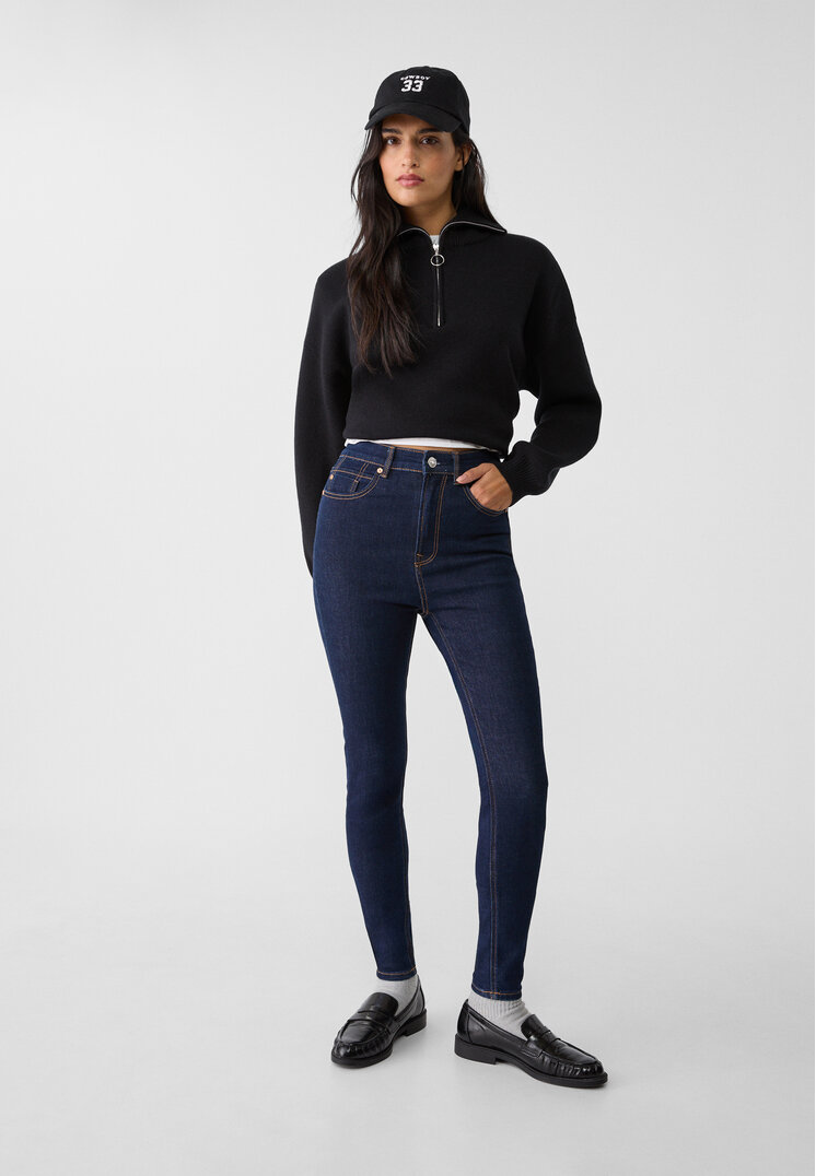 Stradivarius 1450 Blugi Skinny Cu Talie Foarte Înaltă Denim Albastru Închis 34