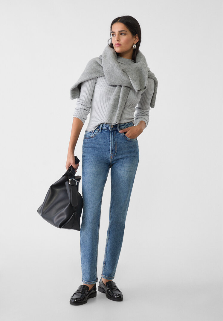 Stradivarius 1465 Blugi Mom Slim Denim Albastru Deschis Mediu 36