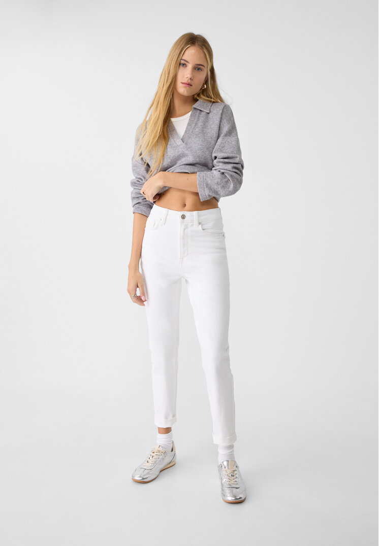 Stradivarius 1465 Blugi Mom Slim Alb 32
