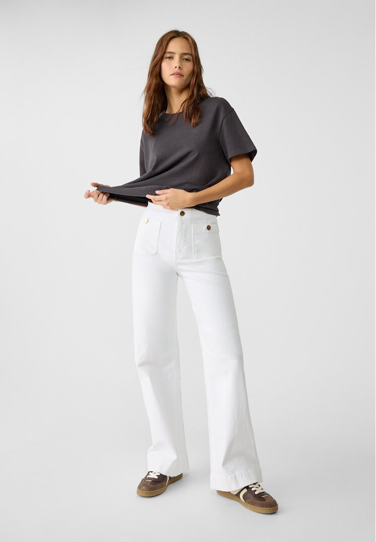Stradivarius D77 Pantaloni Minimaliști Cu Buzunare Alb 34