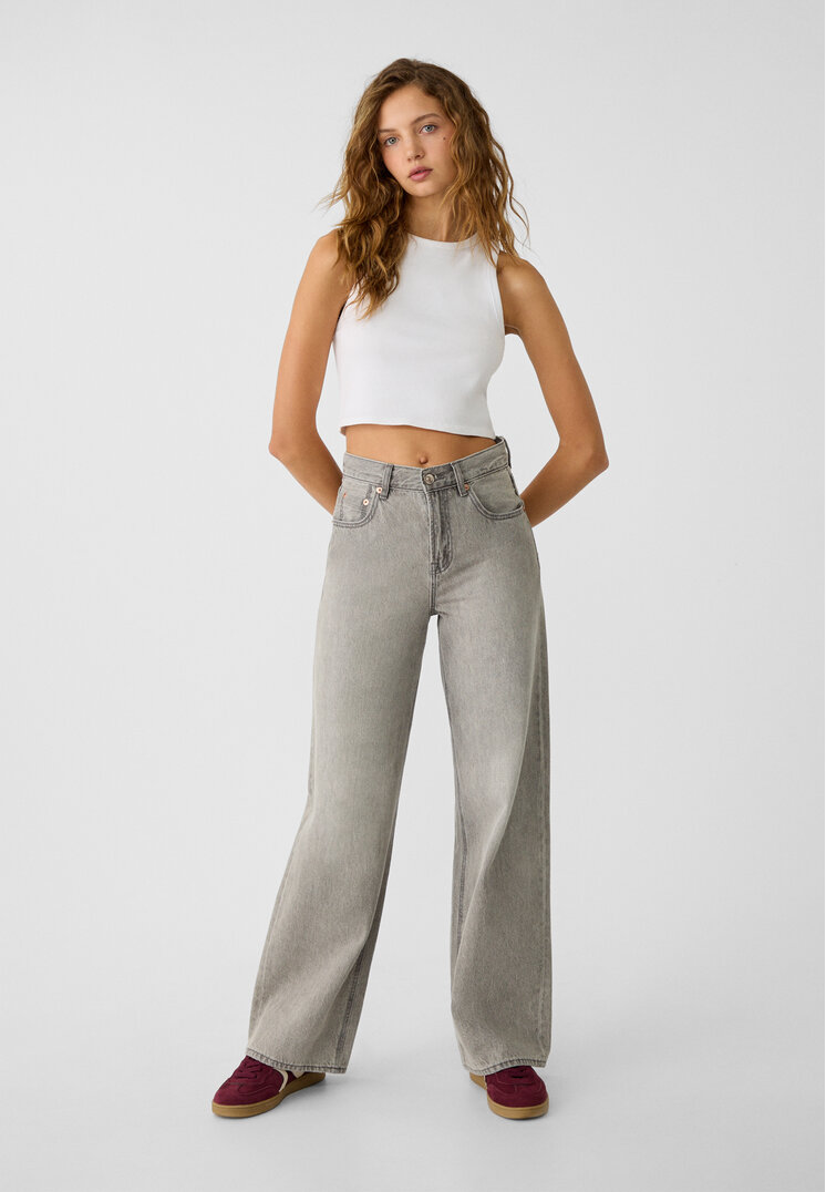 Stradivarius Blugi Wide Leg Denim Negru 38