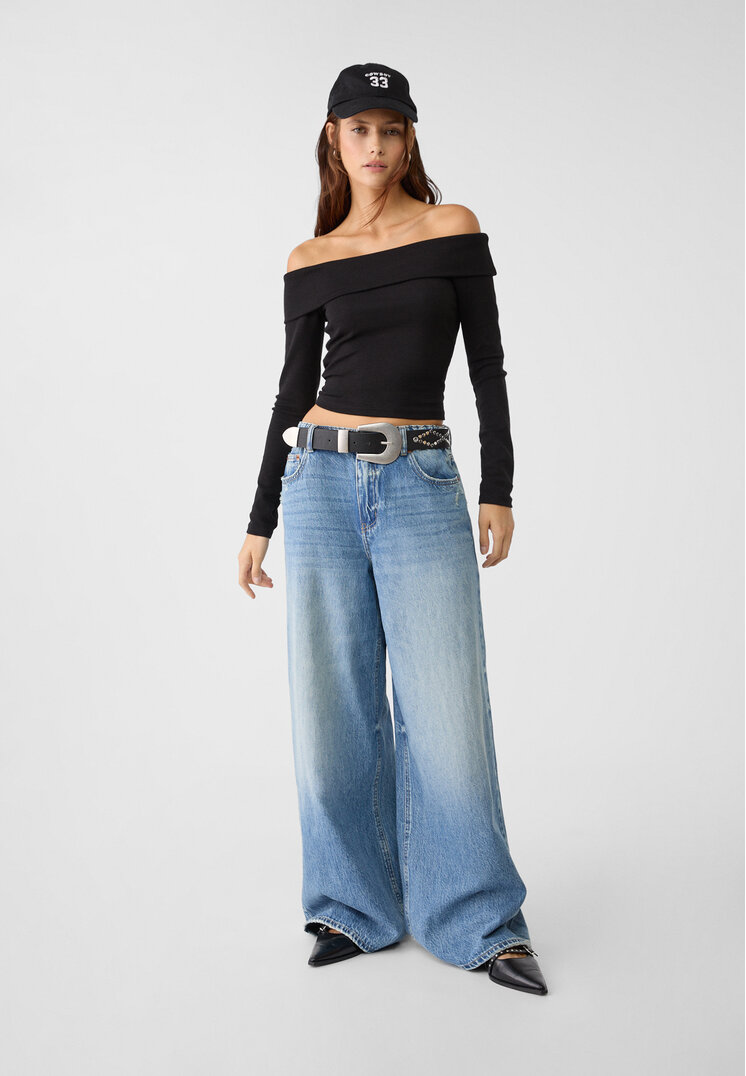 

Stradivarius D99 luźne jeansy z szerokimi nogawkami Niebieski denim 40