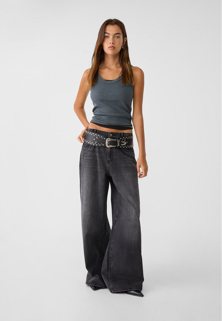 Stradivarius D99 Blugi Wide Loose Denim Negru 38