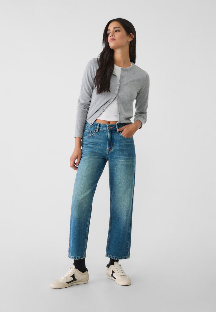 Stradivarius Blugi D96 Straight Fit Cropped Denim Albastru Închis Mediu 36