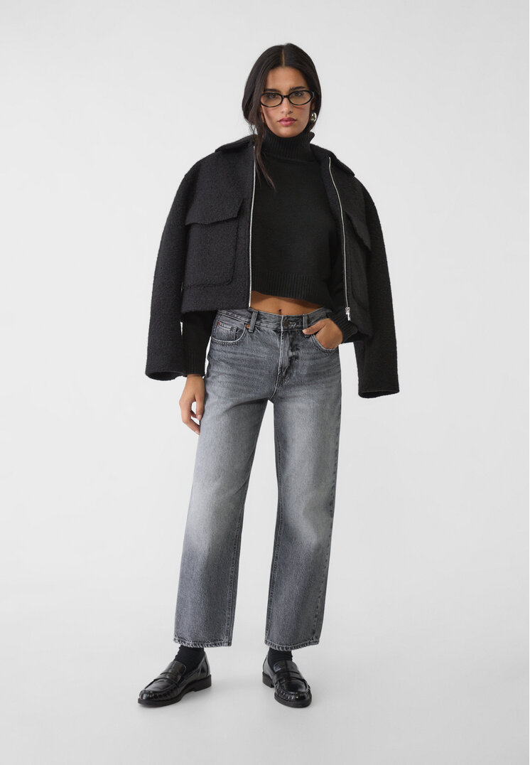 Stradivarius Blugi D96 Straight Fit Cropped Denim Negru 40