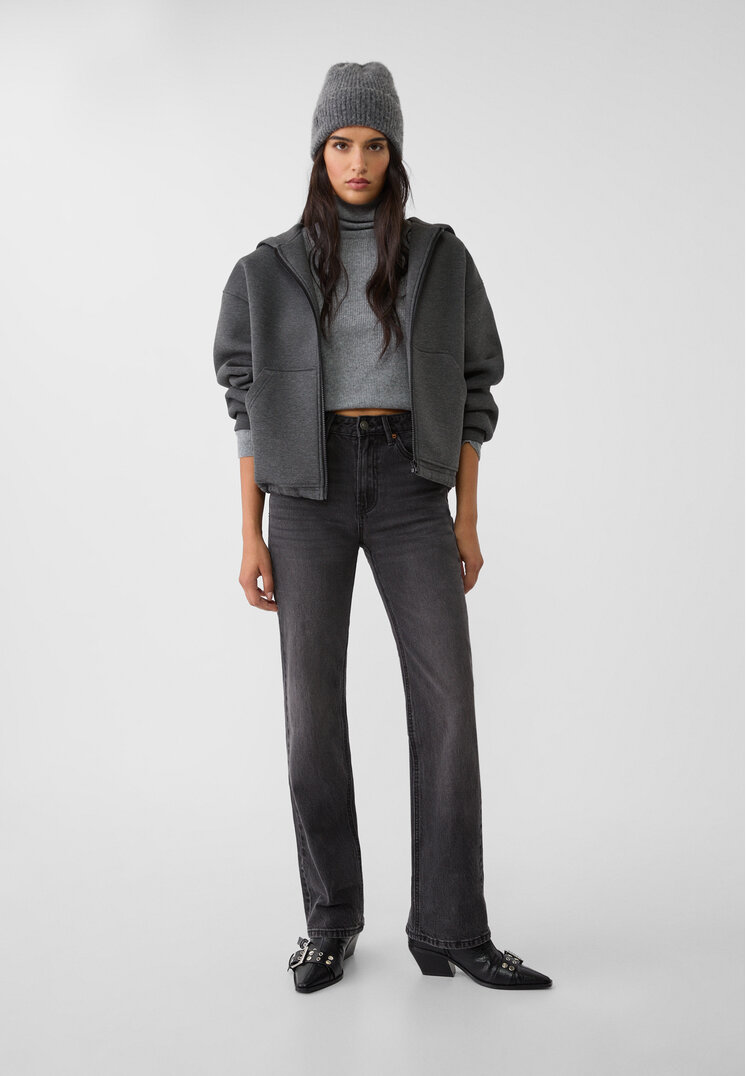 Stradivarius D98 Blugi Straight Fit Cu Efect Vintage Denim Negru 32